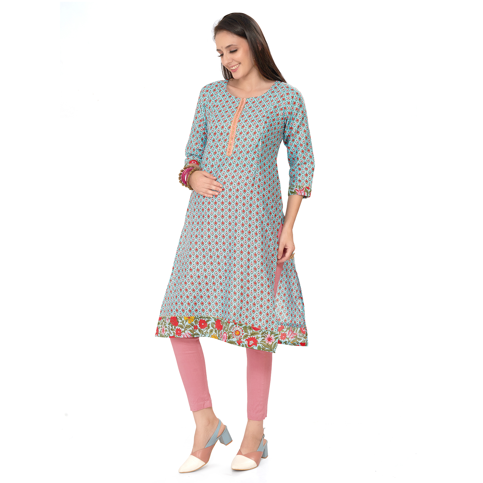 Cotton Floral Printed Maternity Kurta - Blue - Image 2