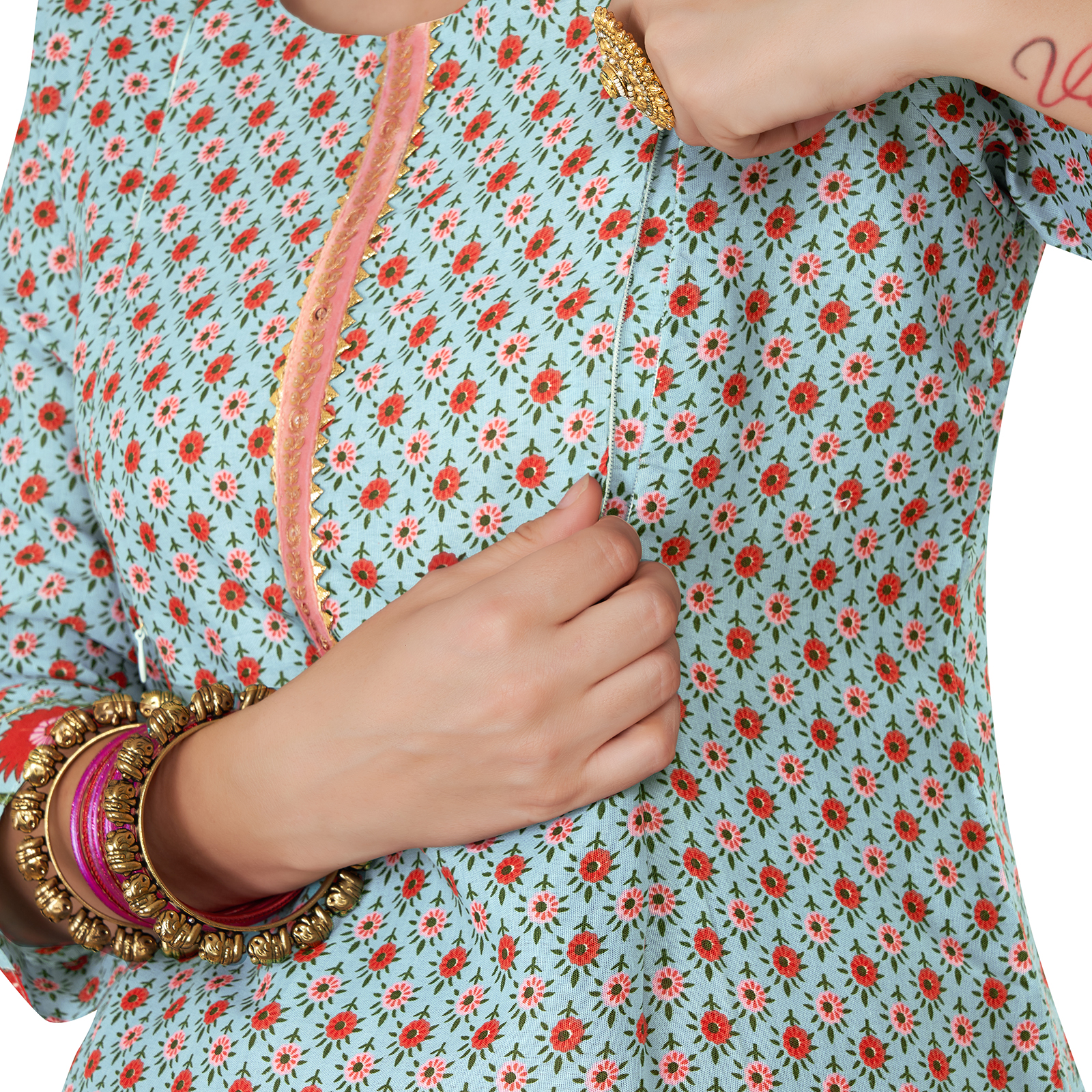 Cotton Floral Printed Maternity Kurta - Blue - Image 4