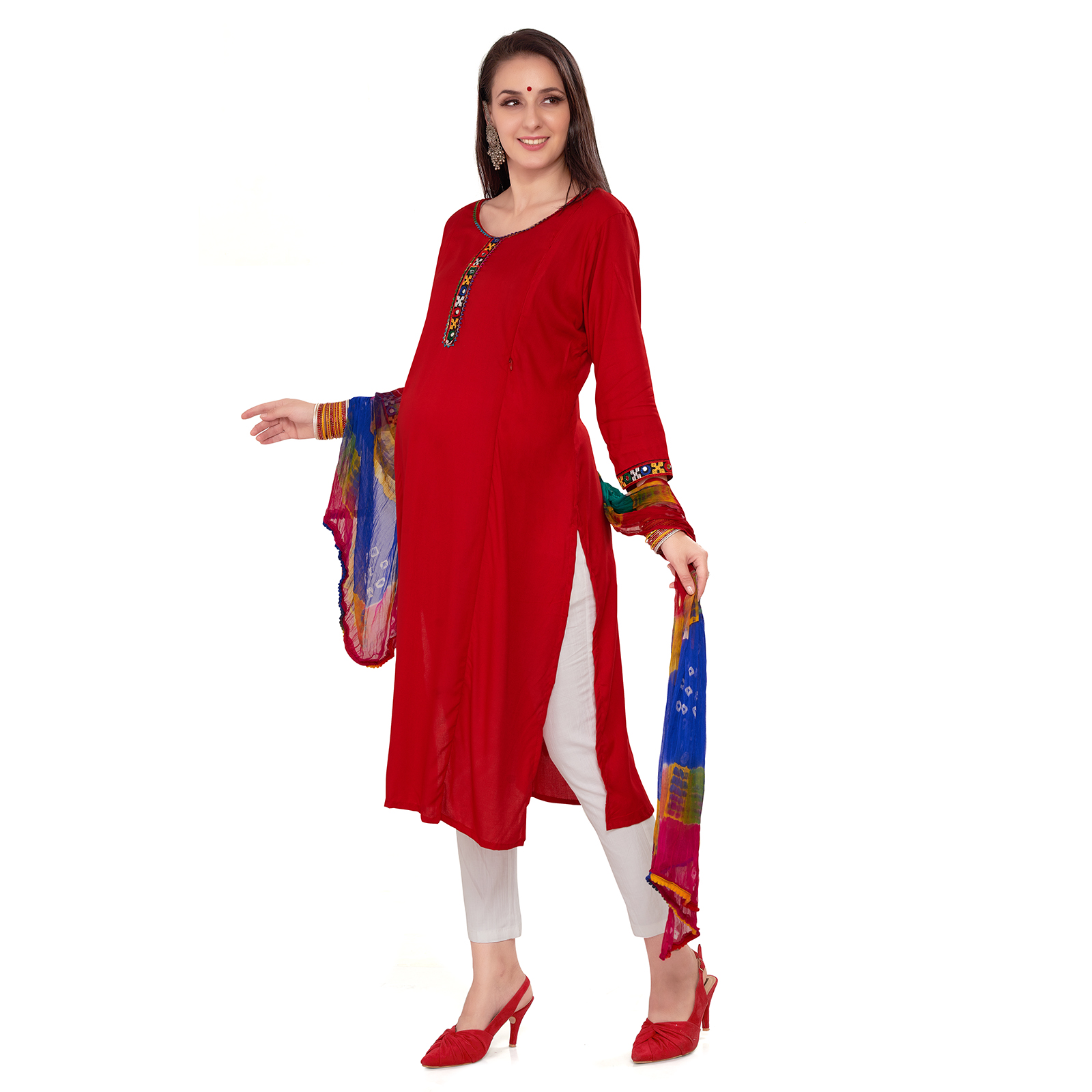Soft Rayon Kalicut Maternity Kurta - Red - Image 2