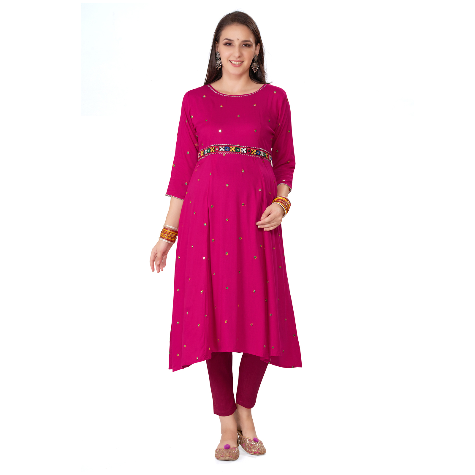 Rayon Mirrorwork Embroidered Maternity Kurta - Pink
