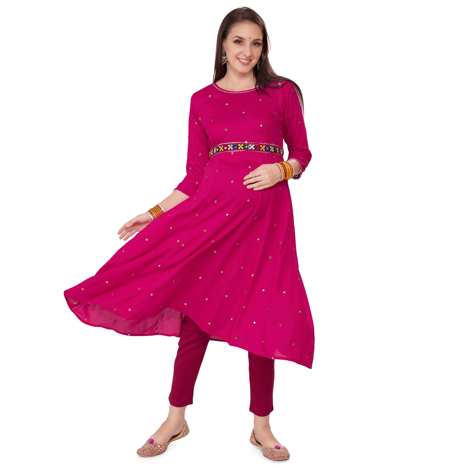Rayon Mirrorwork Embroidered Maternity Kurta - Pink - Image 2