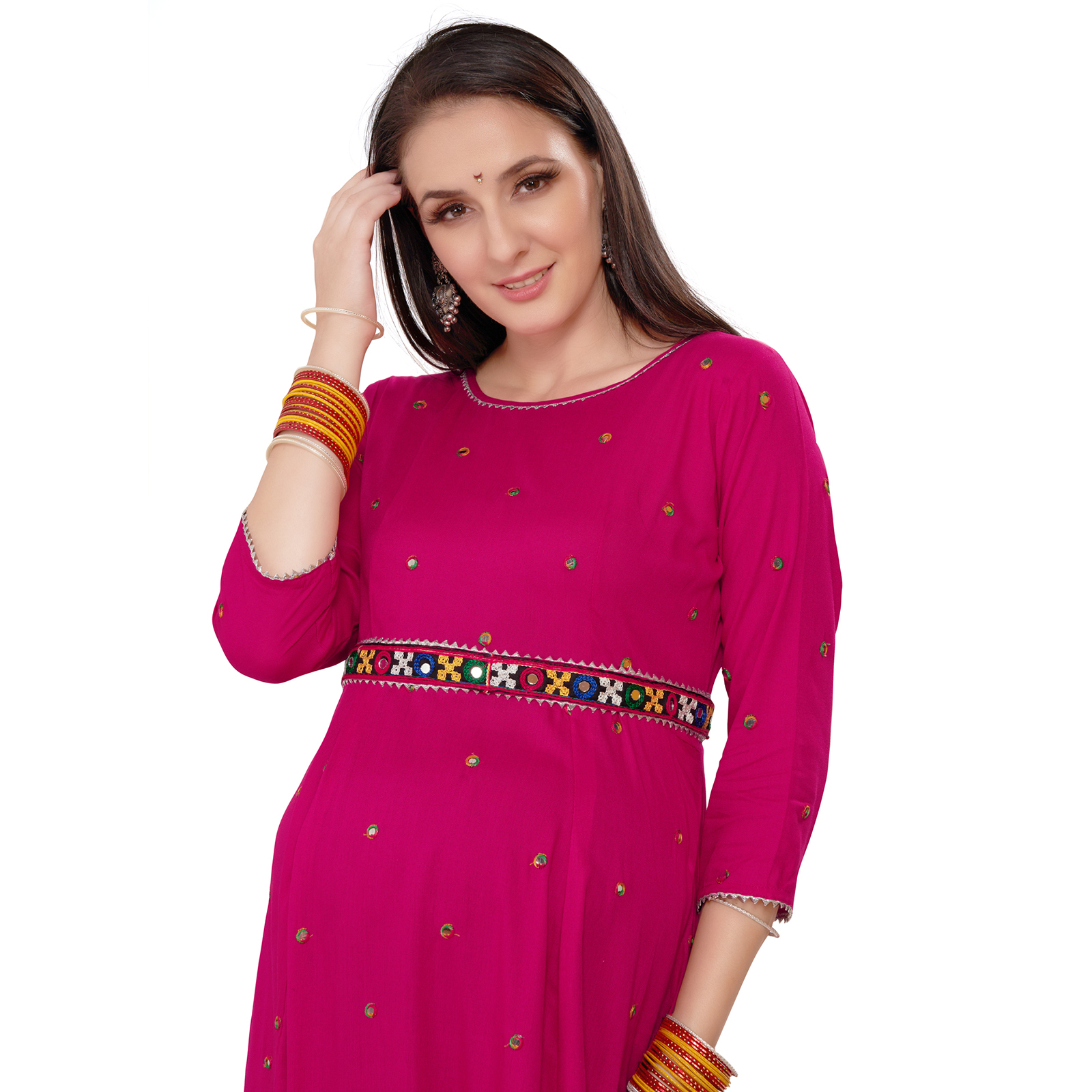 Rayon Mirrorwork Embroidered Maternity Kurta - Pink - Image 3