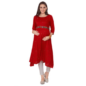 Rayon Mirrorwork Embroidered Maternity Kurta - Red