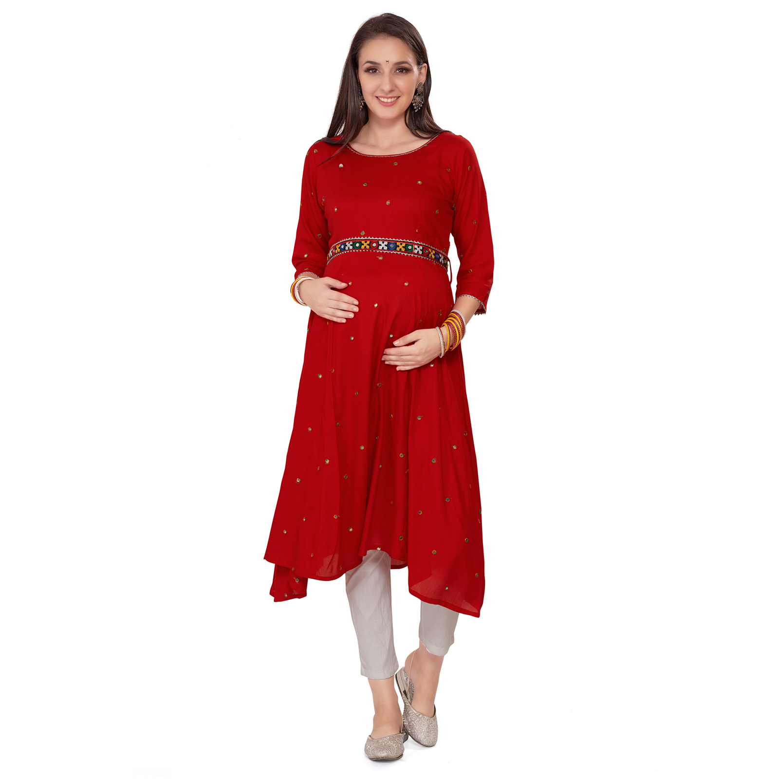 Rayon Mirrorwork Embroidered Maternity Kurta - Red