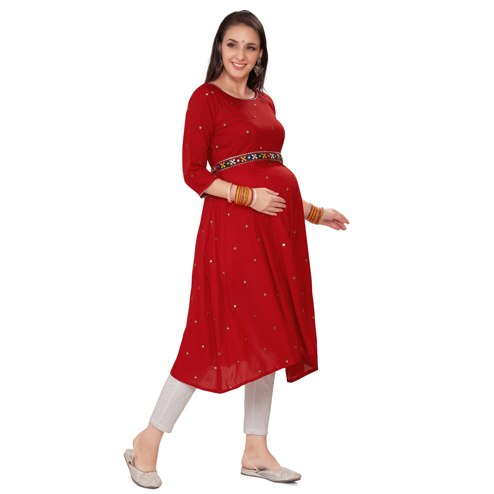 Rayon Mirrorwork Embroidered Maternity Kurta - Red - Image 2