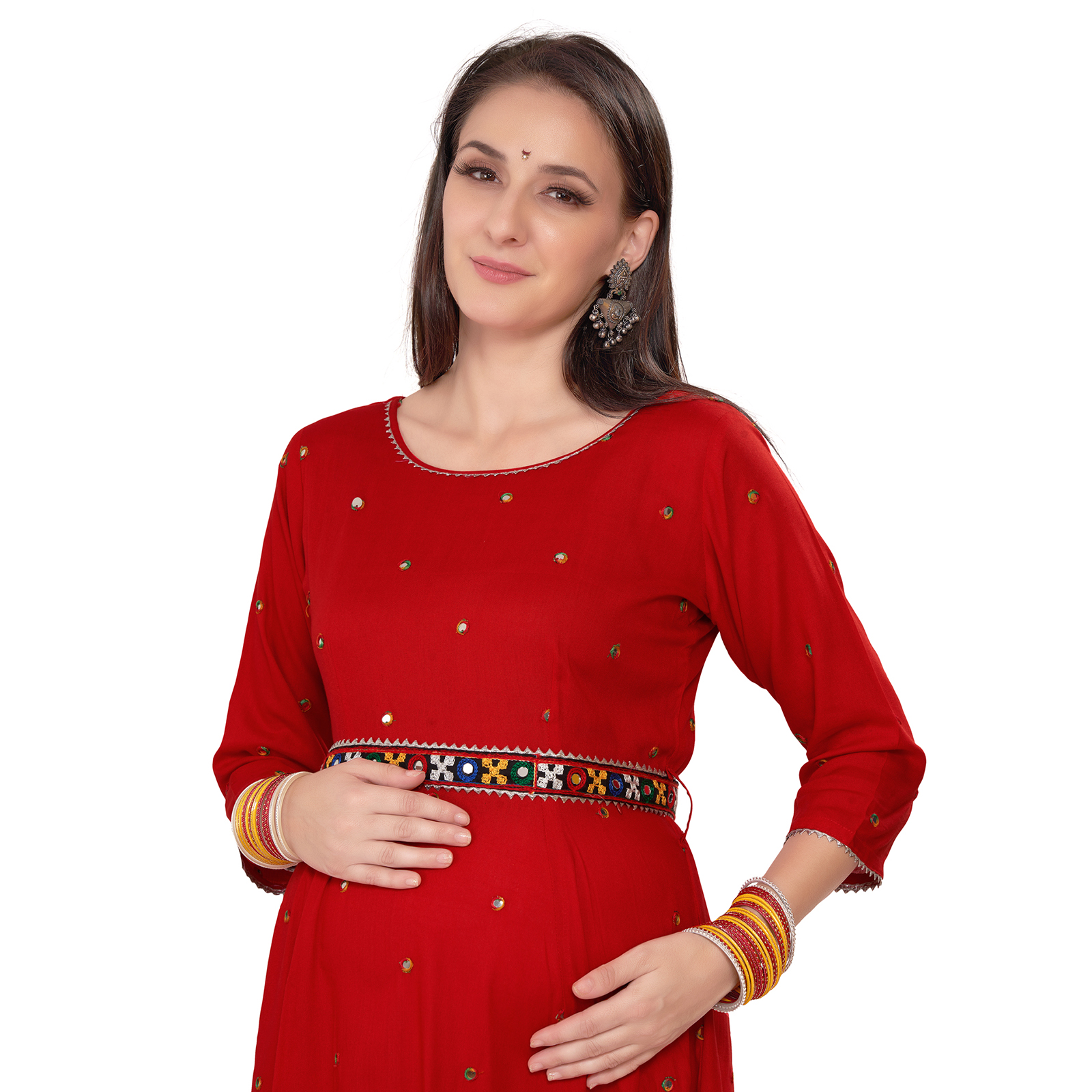 Rayon Mirrorwork Embroidered Maternity Kurta - Red - Image 3