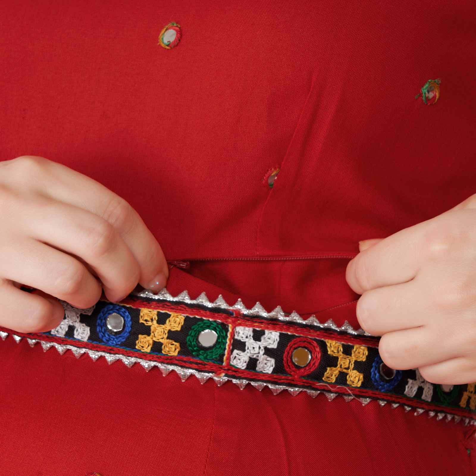 Rayon Mirrorwork Embroidered Maternity Kurta - Red - Image 4