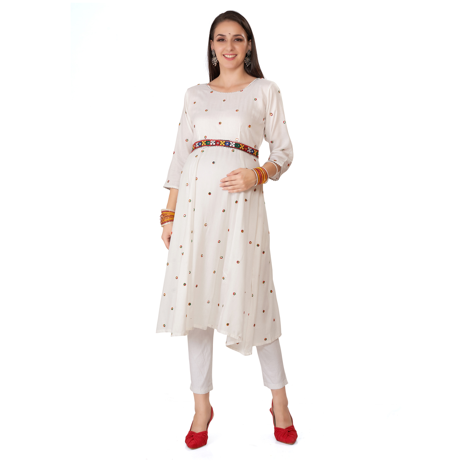 Rayon Mirrorwork Embroidered Maternity Kurta - Red