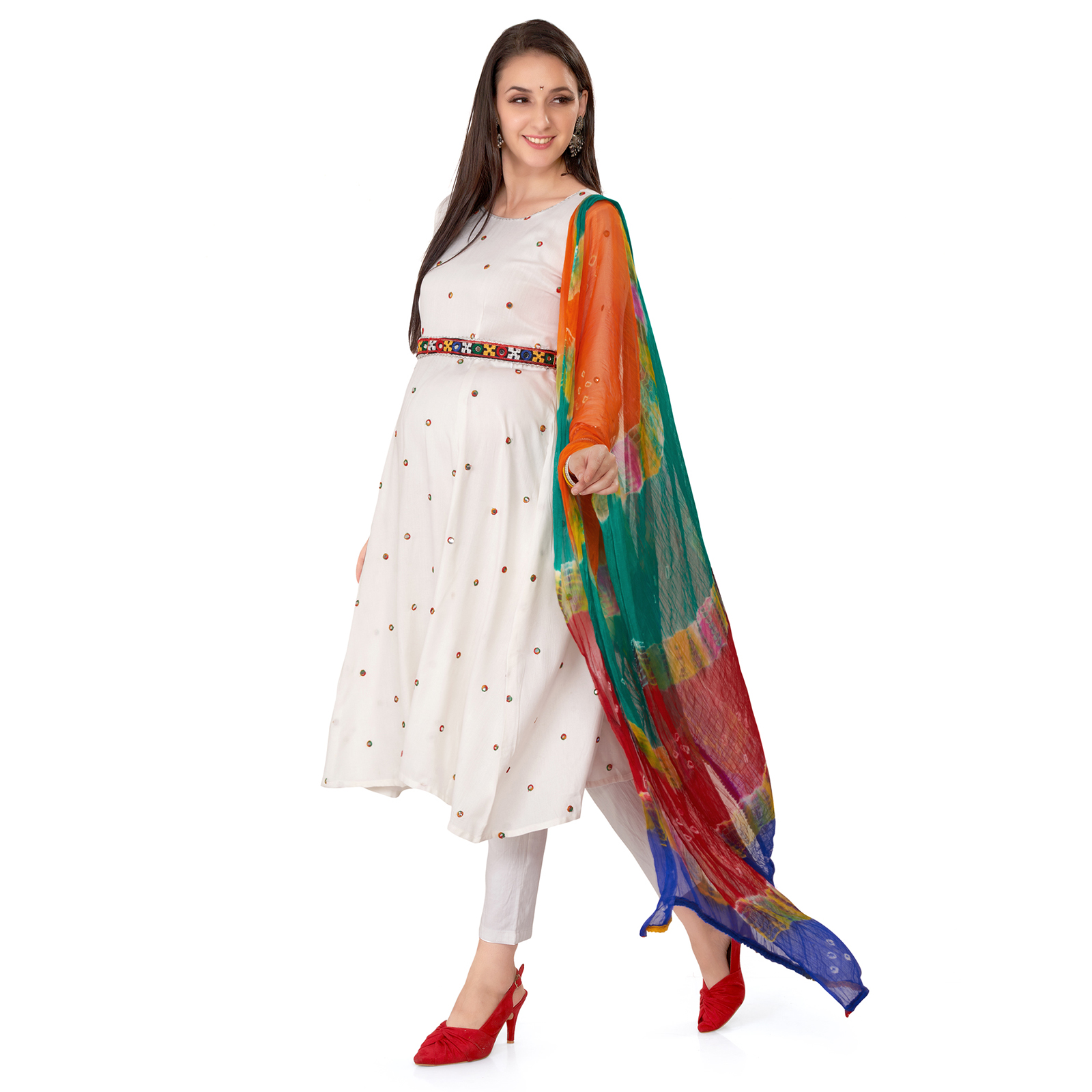 Rayon Mirrorwork Embroidered Maternity Kurta - Red - Image 2