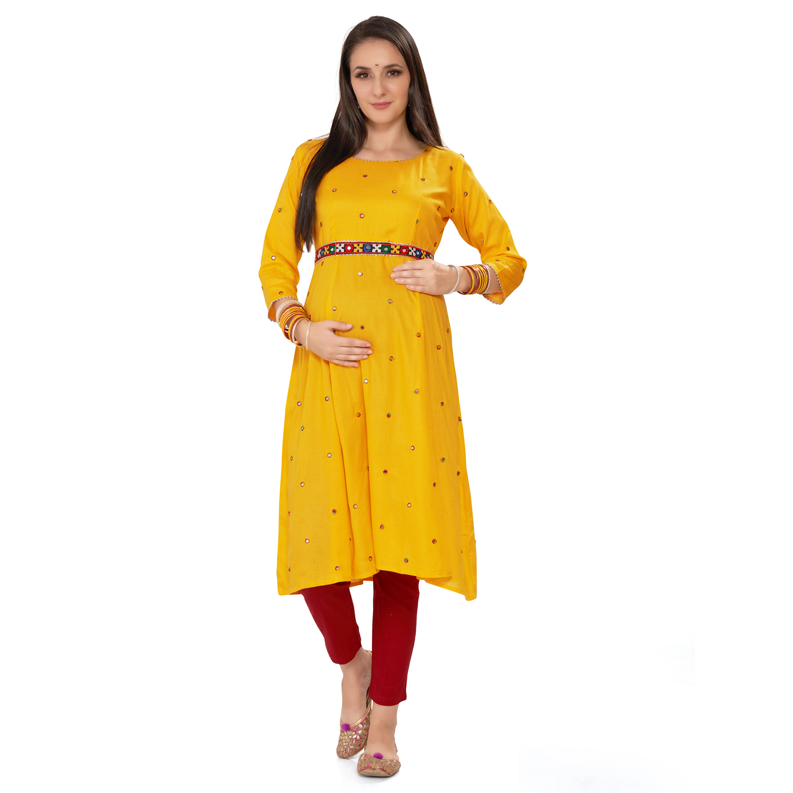 Rayon Mirrorwork Embroidered Maternity Kurta - Red