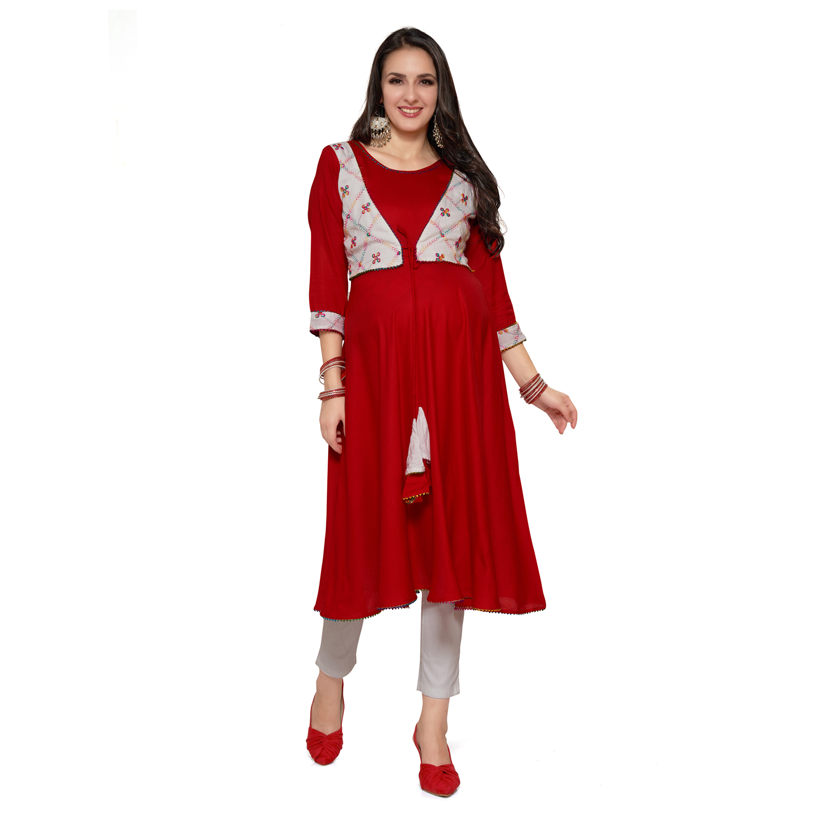 Rayon Maternity Nursing Maternity Kurta - Red