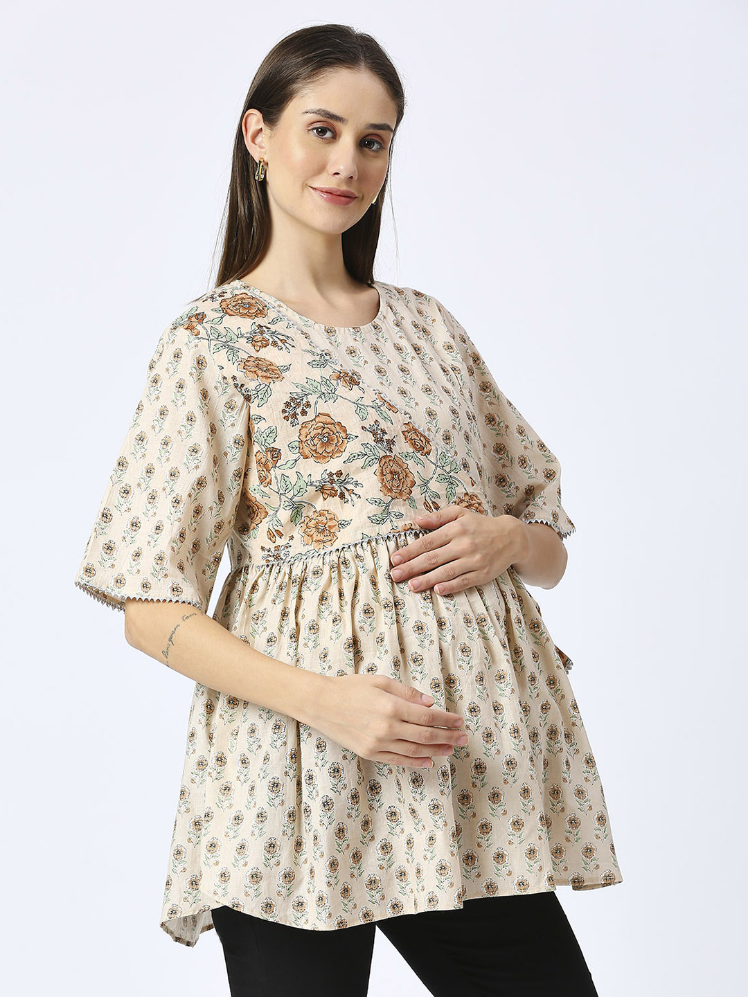 Cotton Maternity Top Maternity Top - Beige - Image 2