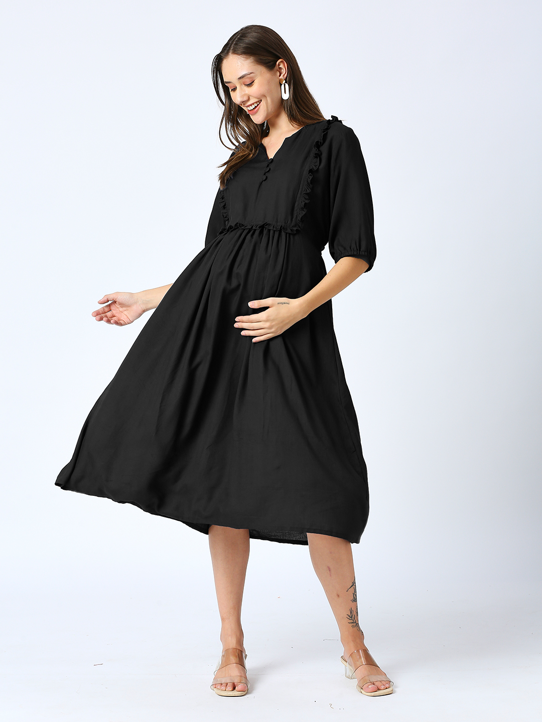 Black Rayon Maternity Maternity Dress - Black - Image 3