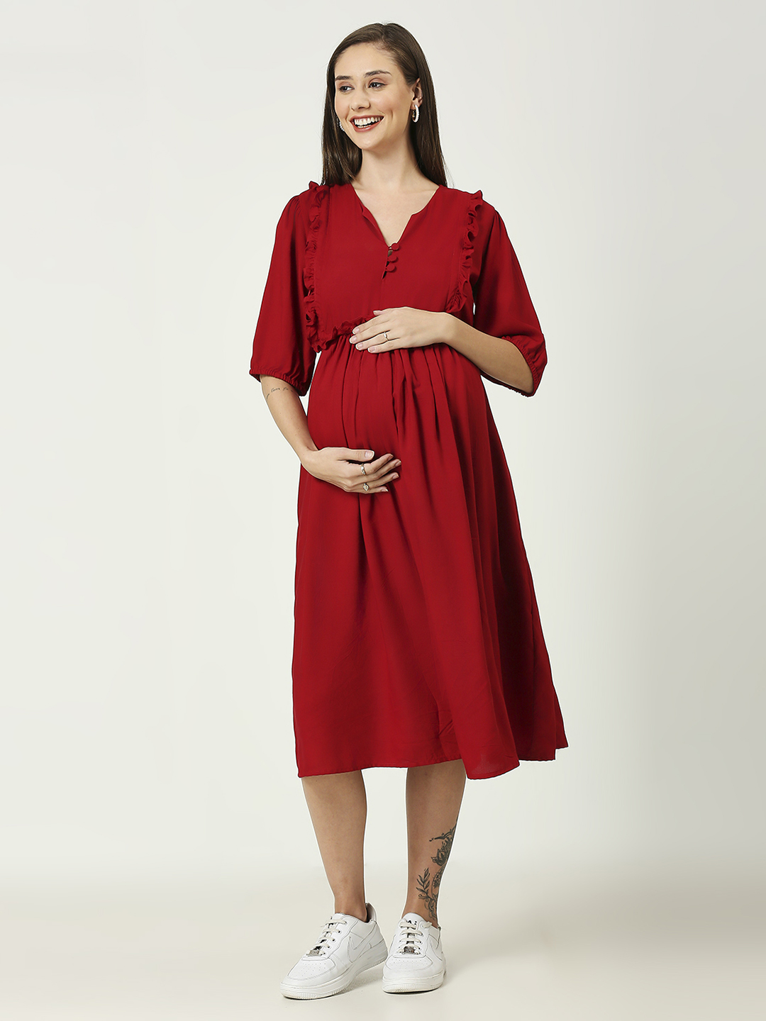 Radiant Maroon Rayon Maternity Dress - Maroon