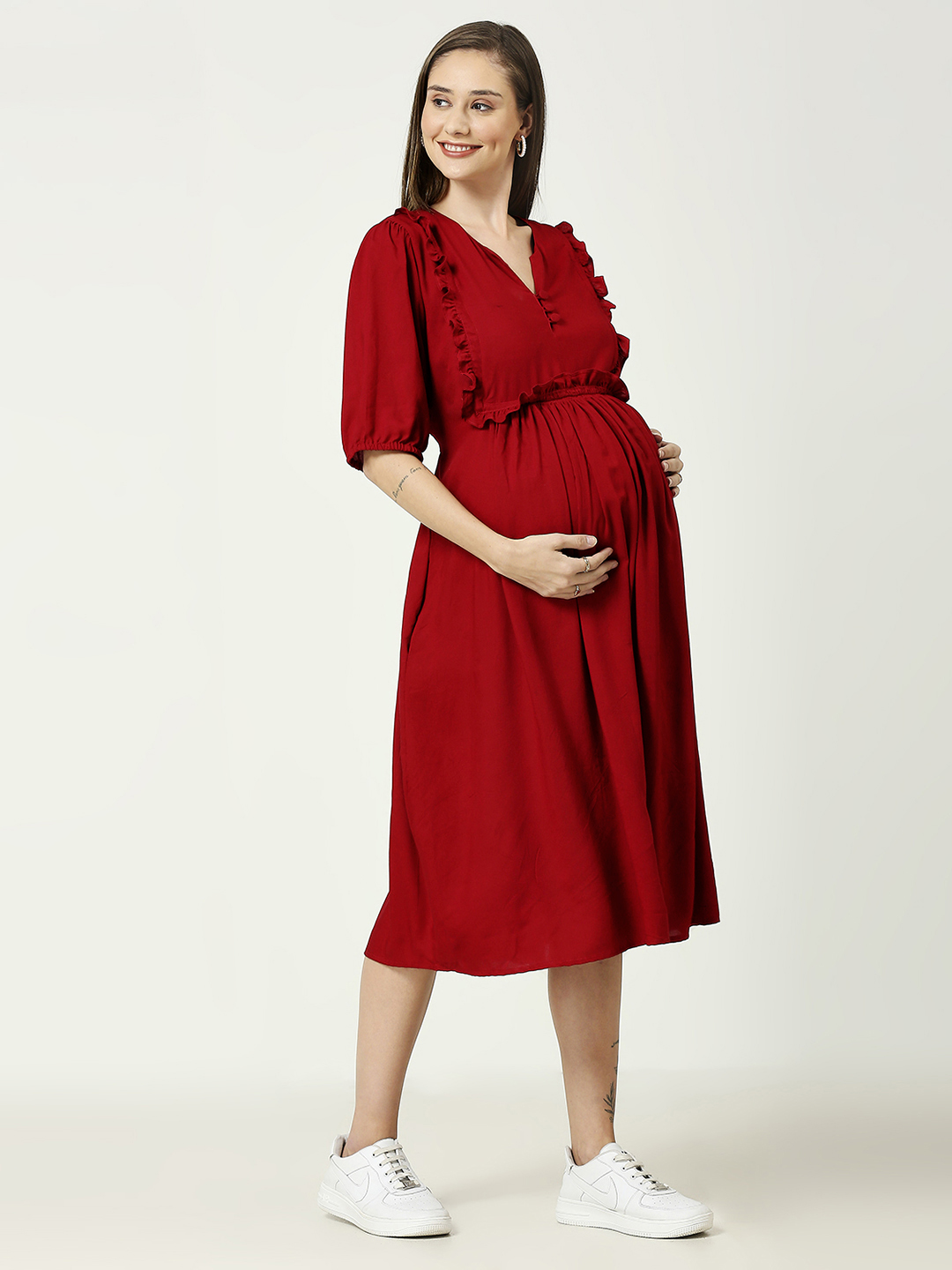 Radiant Maroon Rayon Maternity Dress - Maroon - Image 2