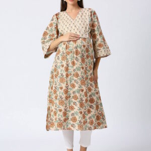 Sandstone Beige Floral Maternity Kurta - Red