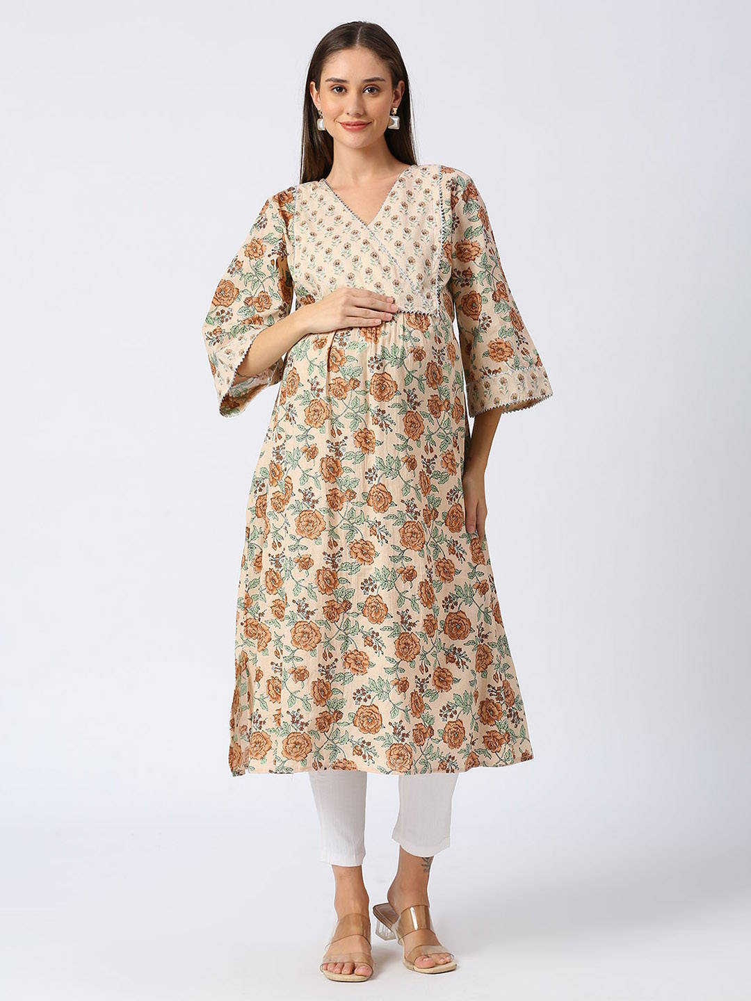 Sandstone Beige Floral Maternity Kurta - Red