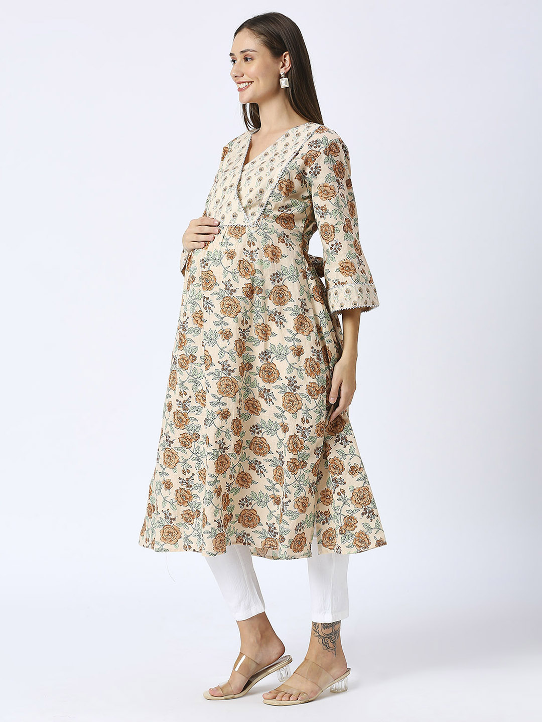 Sandstone Beige Floral Maternity Kurta - Red - Image 2
