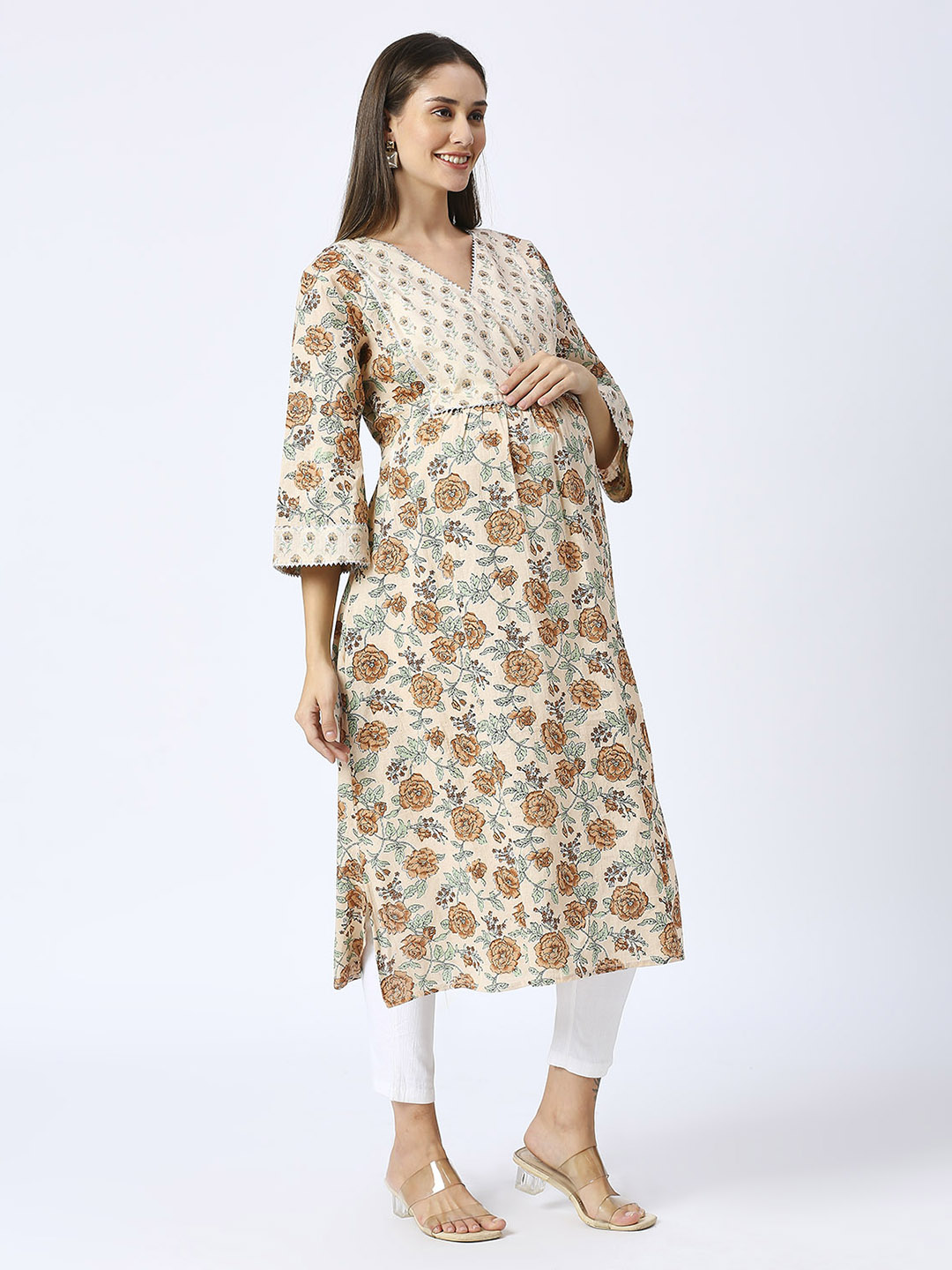 Sandstone Beige Floral Maternity Kurta - Red - Image 3