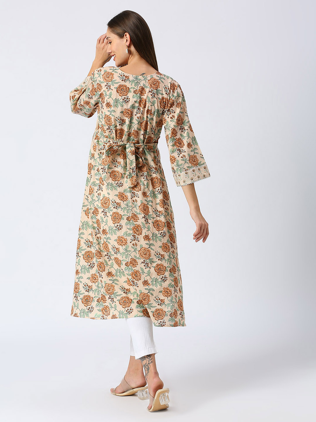 Sandstone Beige Floral Maternity Kurta - Red - Image 5