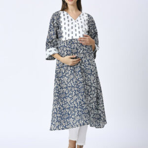 White Blue Floral Maternity Kurta - Blue