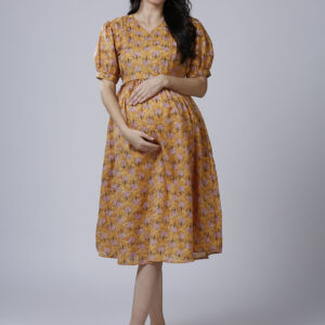 Womens Mustard Cotton Maternity Dress - Yellow