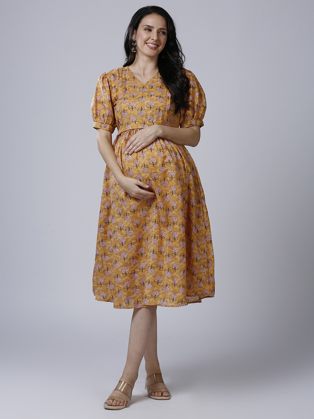 Womens Mustard Cotton Maternity Dress - Yellow