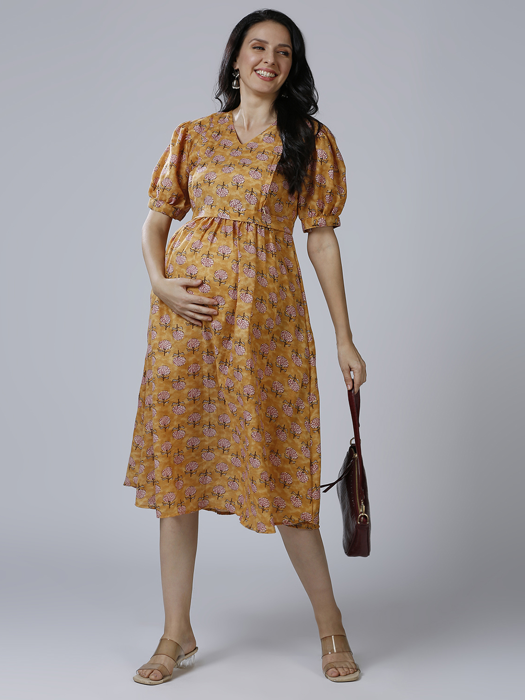 Womens Mustard Cotton Maternity Dress - Yellow - Image 2