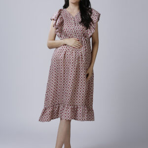 Beige Cotton Printed Maternity Dress - Red