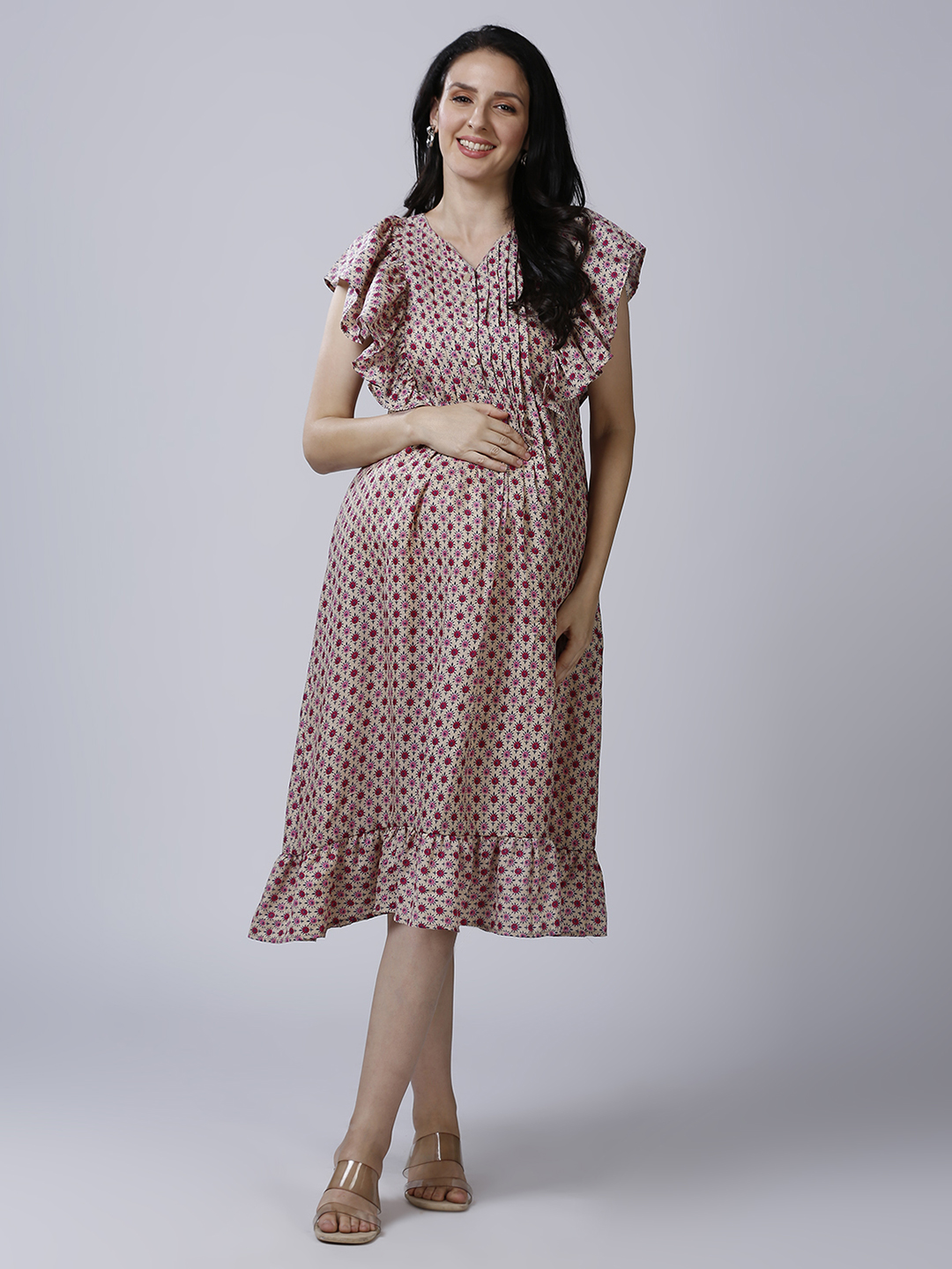 Beige Cotton Printed Maternity Dress - Red