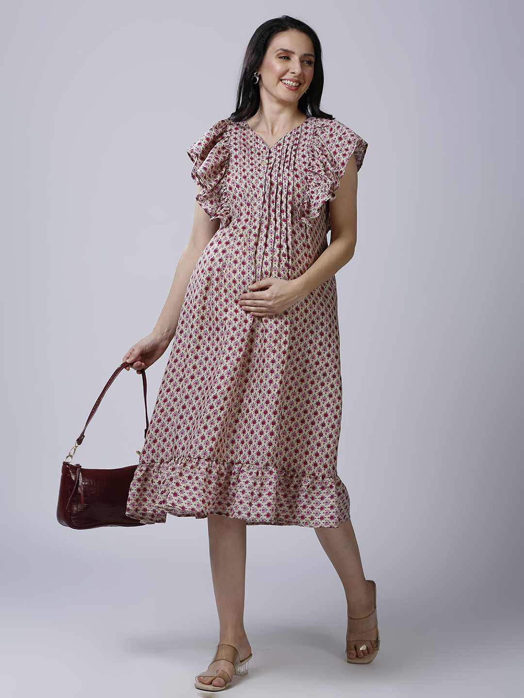 Beige Cotton Printed Maternity Dress - Red - Image 2