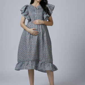 Blue Cotton Printed Maternity Dress - Blue