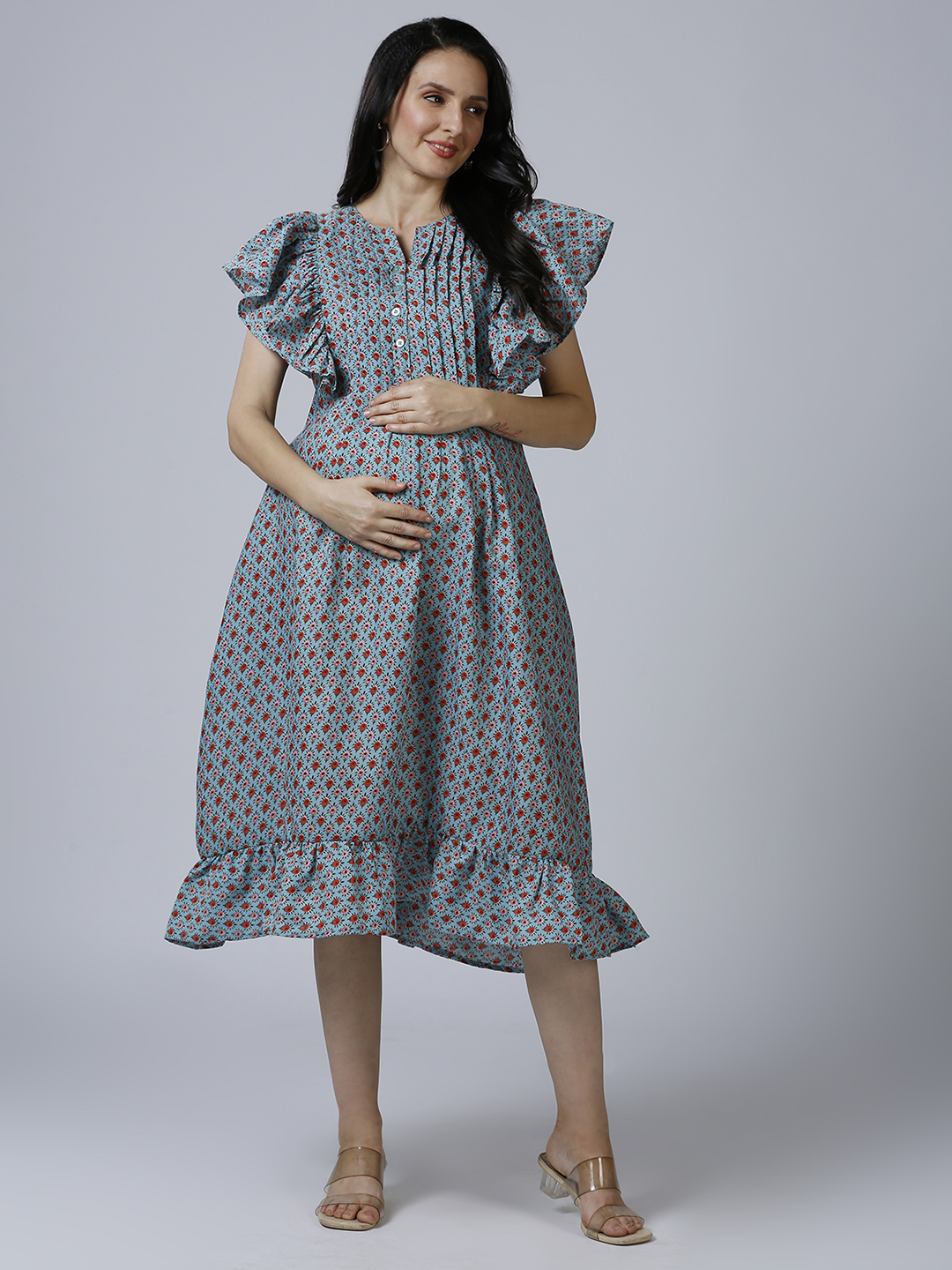 Blue Cotton Printed Maternity Dress - Blue