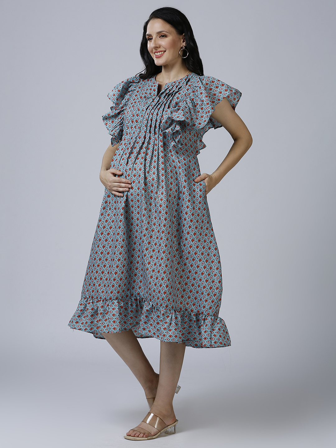 Blue Cotton Printed Maternity Dress - Blue - Image 2