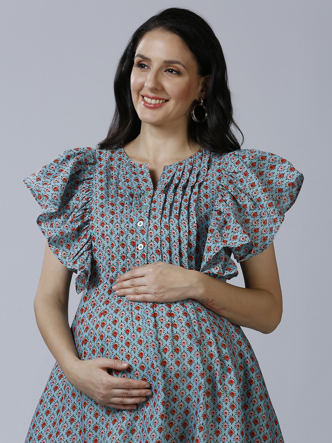 Blue Cotton Printed Maternity Dress - Blue - Image 3