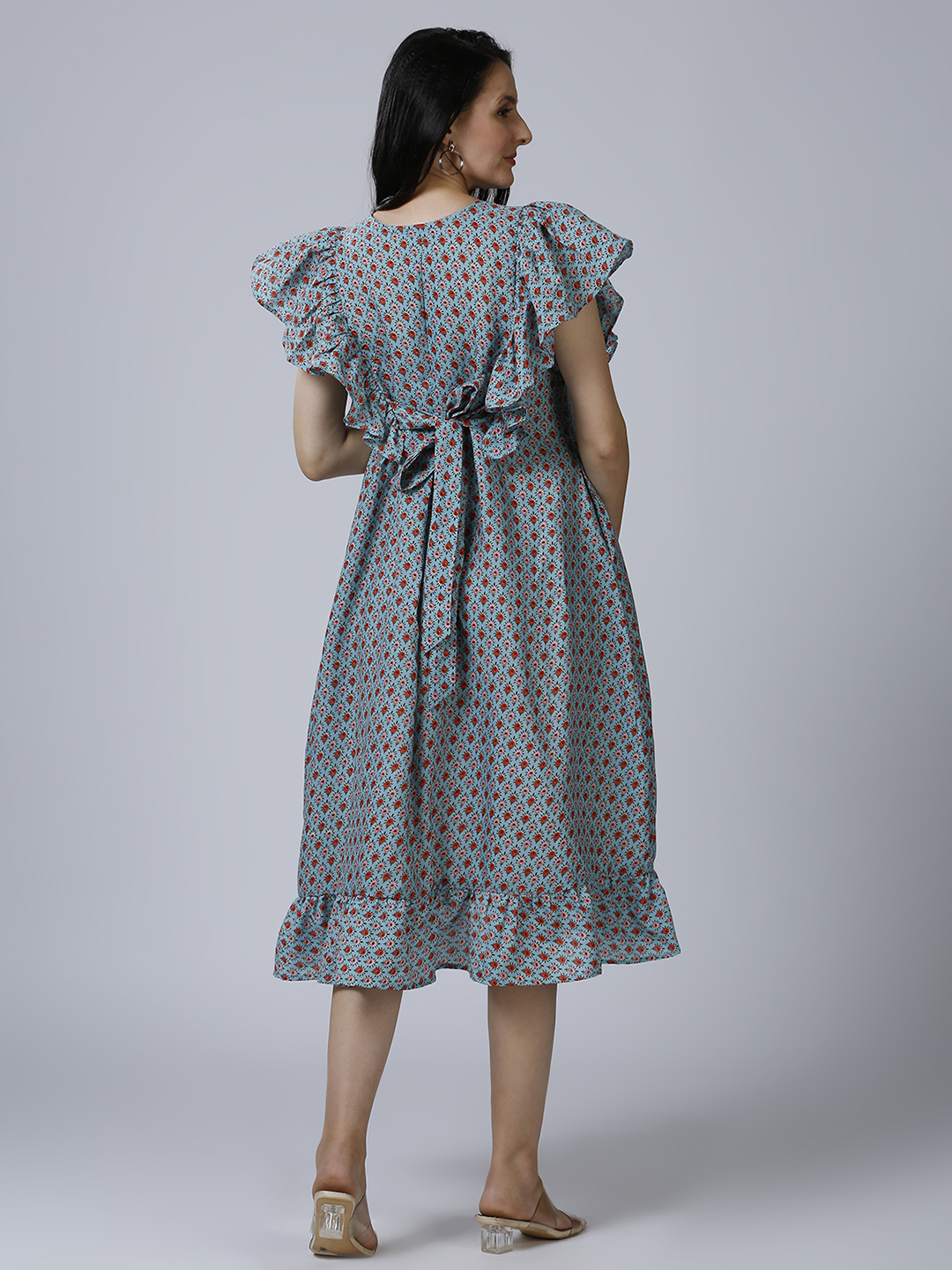 Blue Cotton Printed Maternity Dress - Blue - Image 5