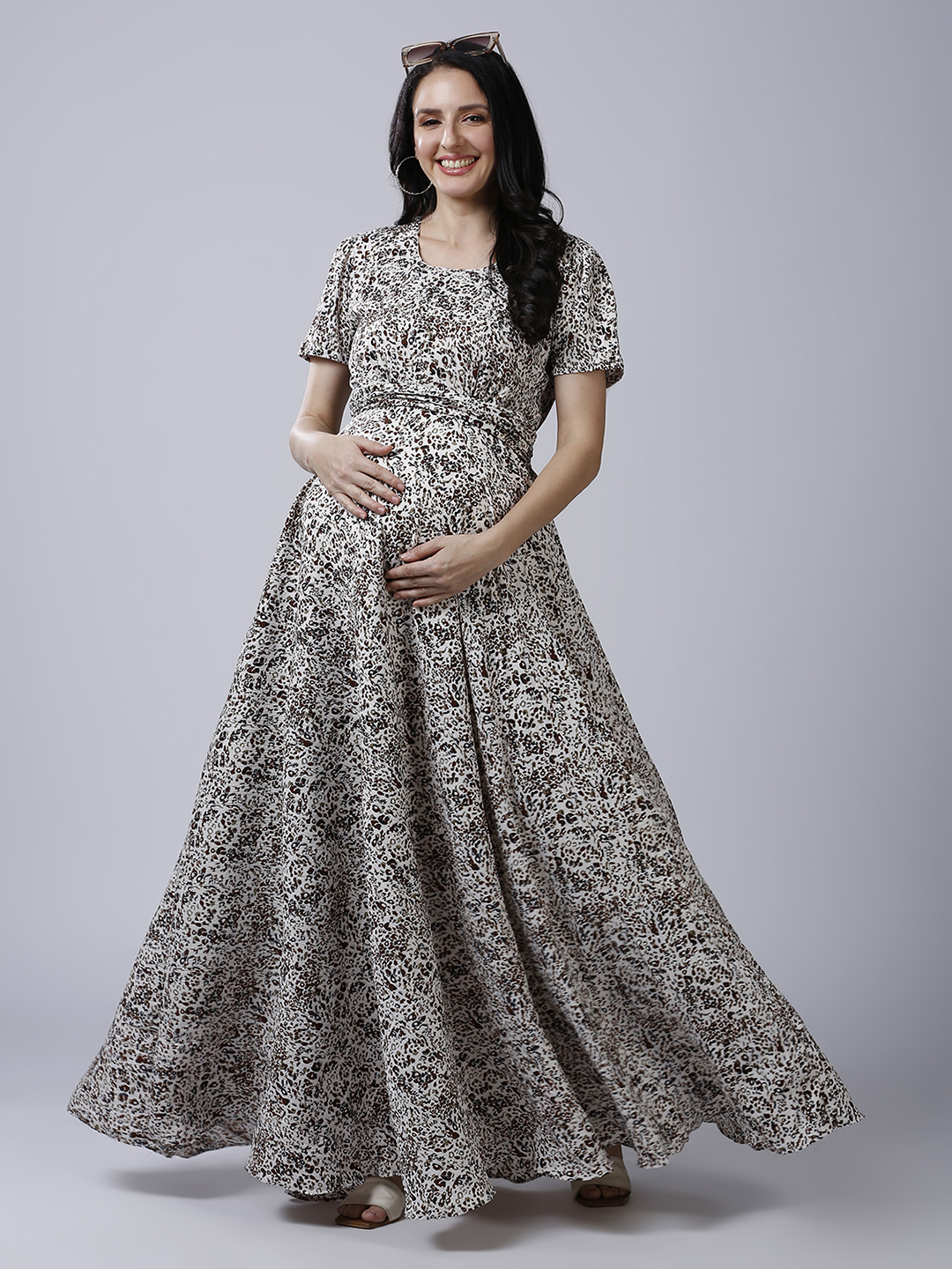 Womens White Animal Maternity Dress - Red - Image 2