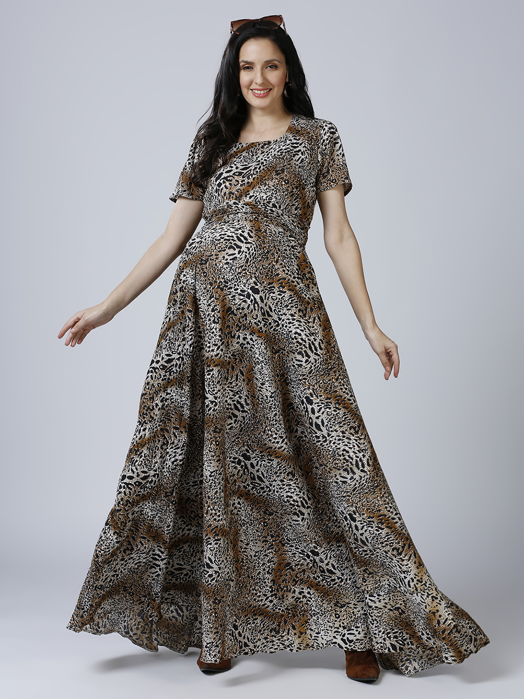 Womens White Brown Maternity Dress - Red - Image 2