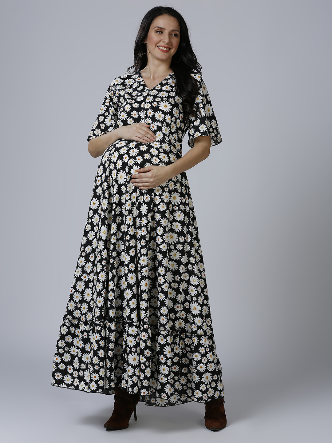 Womens Floral Maternity Maternity Dress - Black