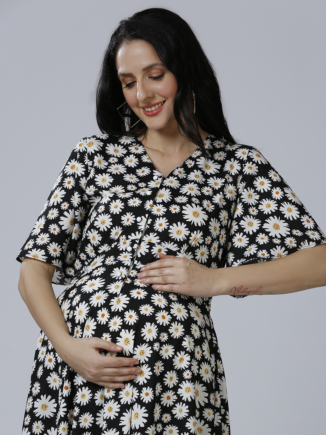 Womens Floral Maternity Maternity Dress - Black - Image 3