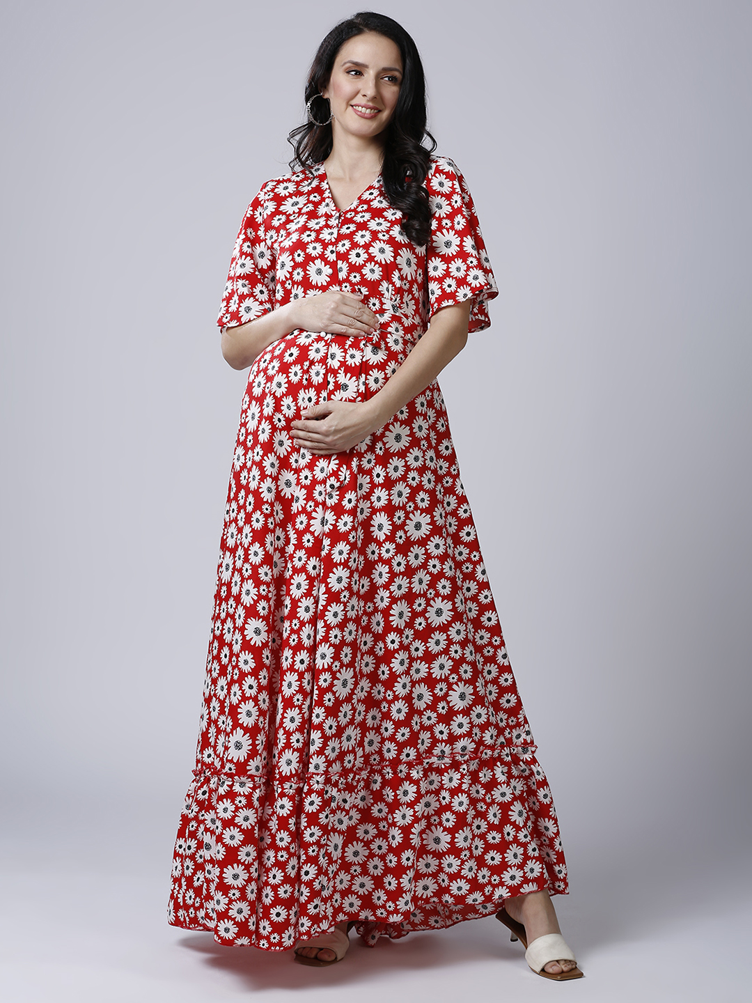 Womens Floral Maternity Maternity Dress - Red