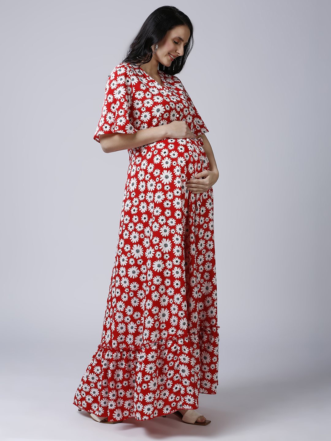 Womens Floral Maternity Maternity Dress - Red - Image 2