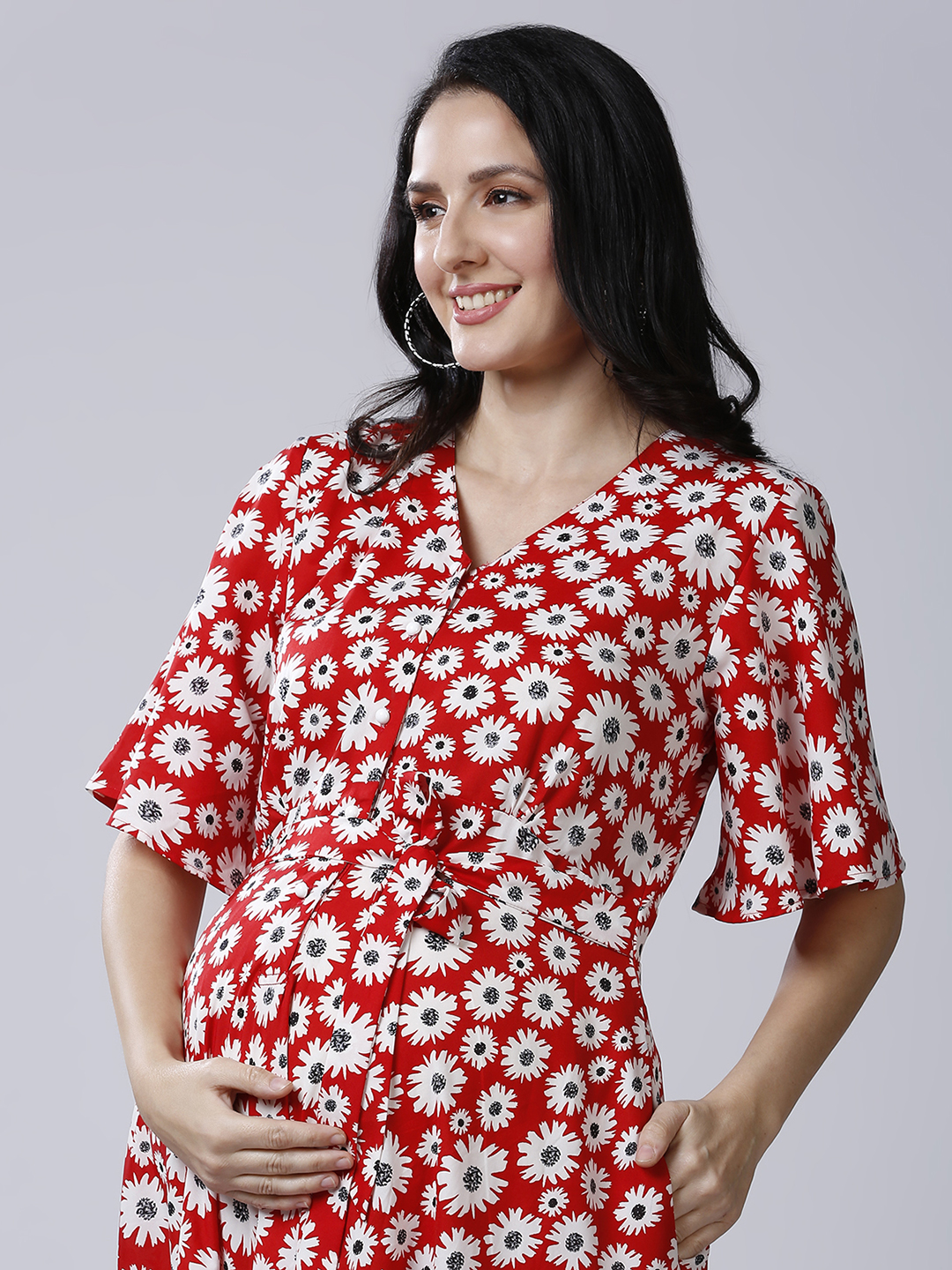 Womens Floral Maternity Maternity Dress - Red - Image 3