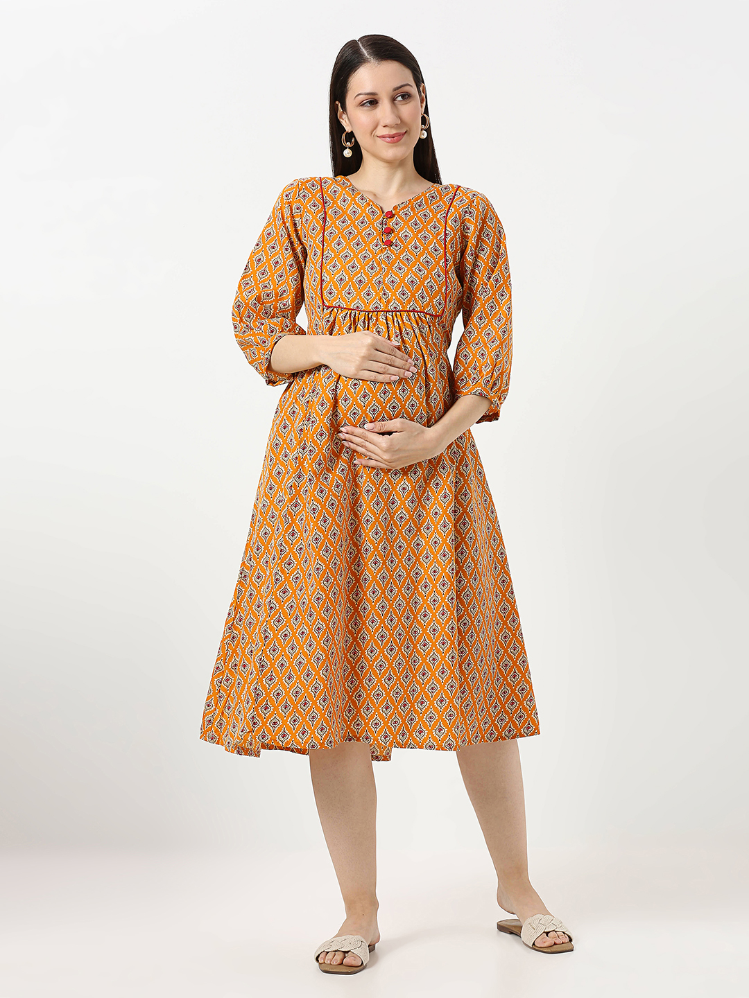 Mustard Yellow Cotton Maternity Dress - Yellow