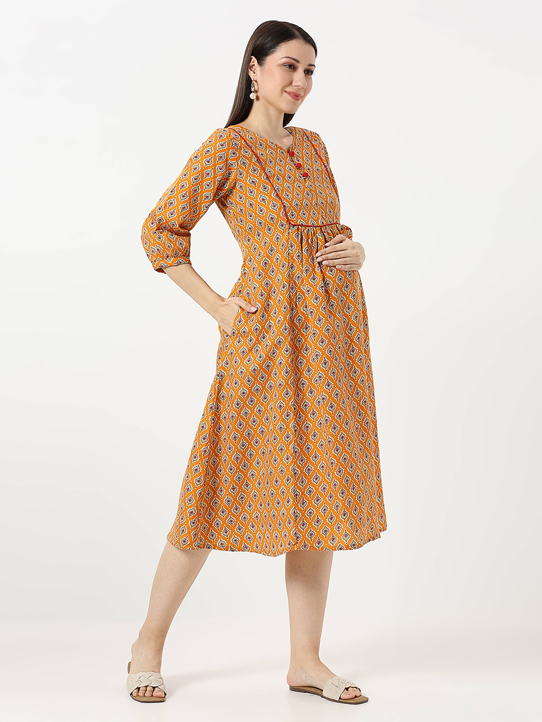 Mustard Yellow Cotton Maternity Dress - Yellow - Image 2