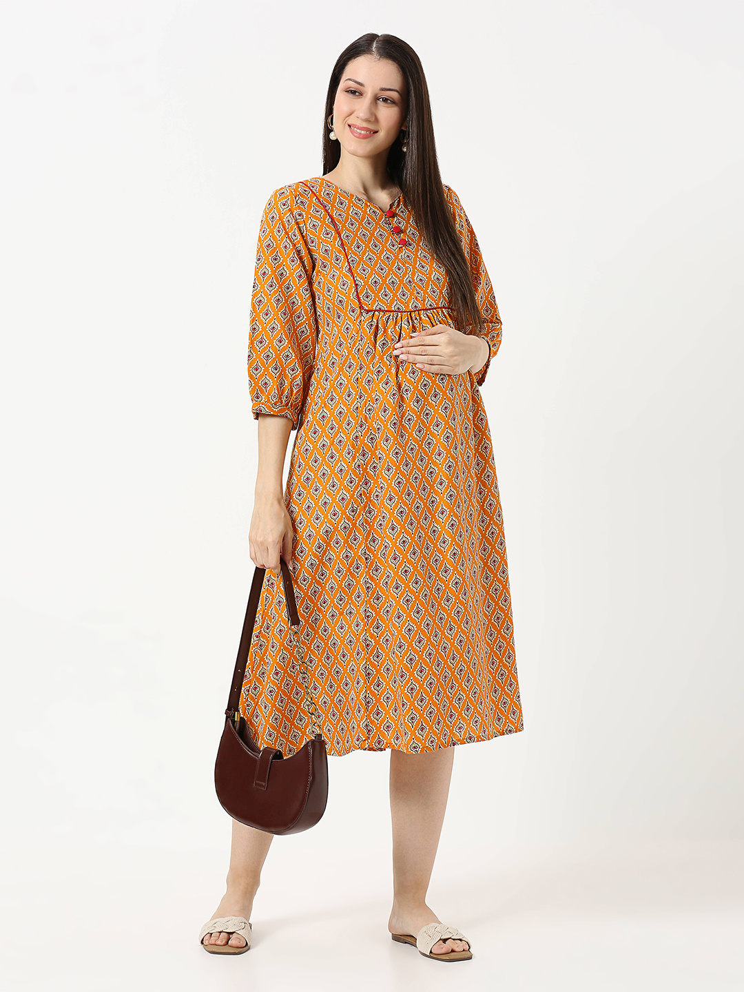 Mustard Yellow Cotton Maternity Dress - Yellow - Image 3