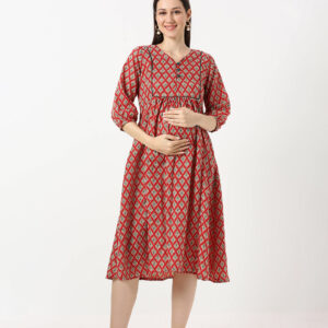 Red Cotton Printed Maternity Dress - Red