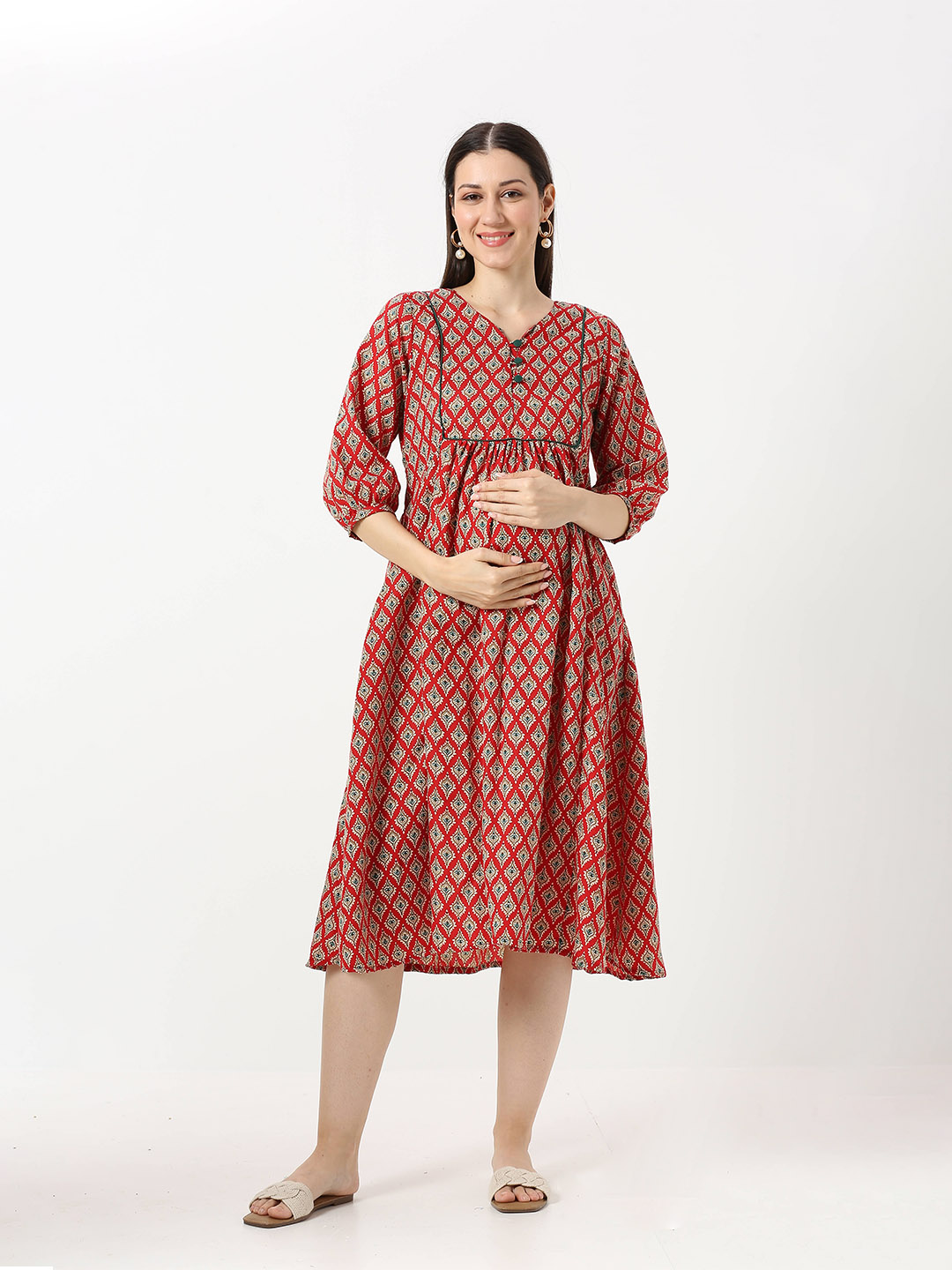 Red Cotton Printed Maternity Dress - Red