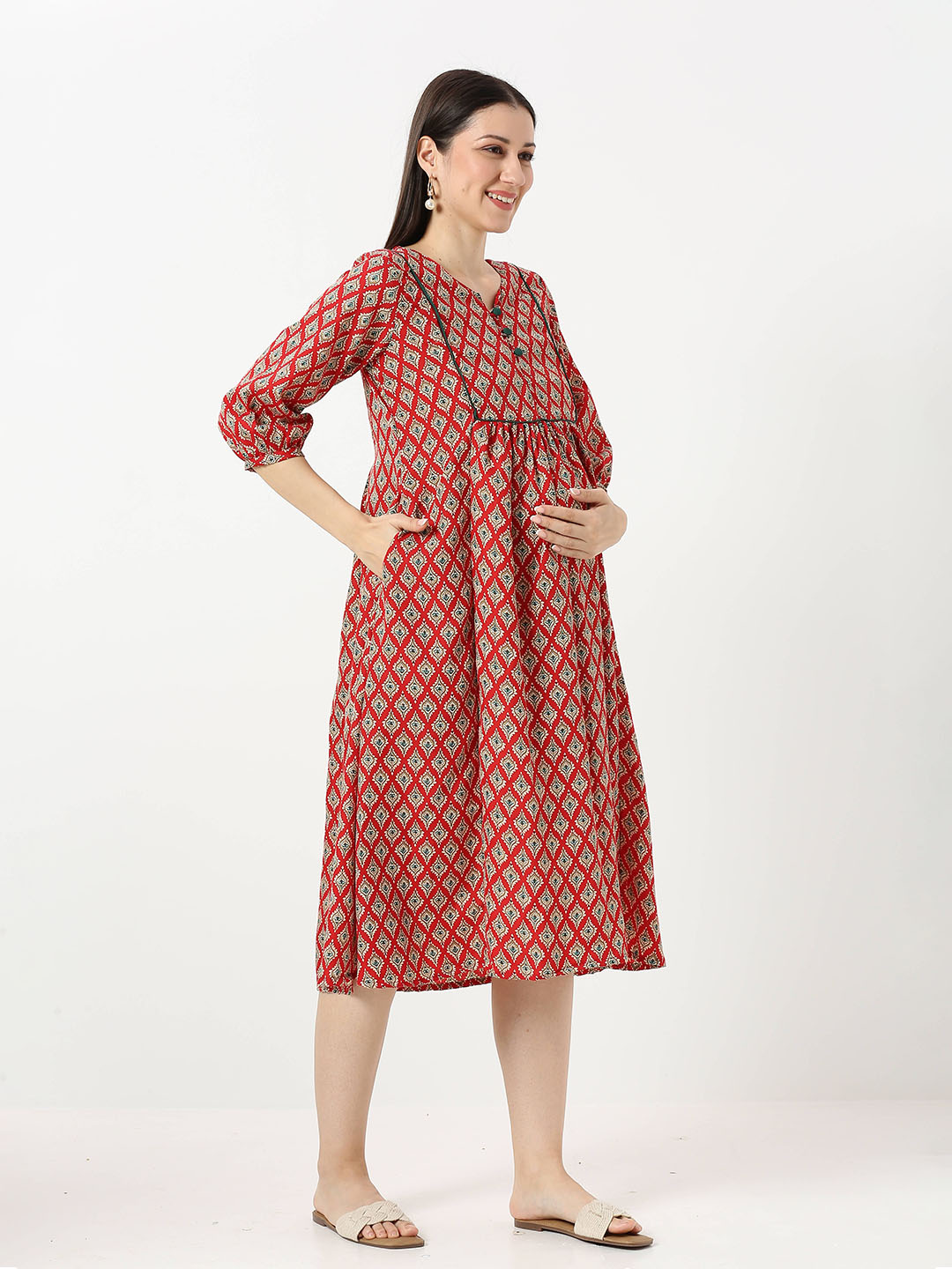 Red Cotton Printed Maternity Dress - Red - Image 2
