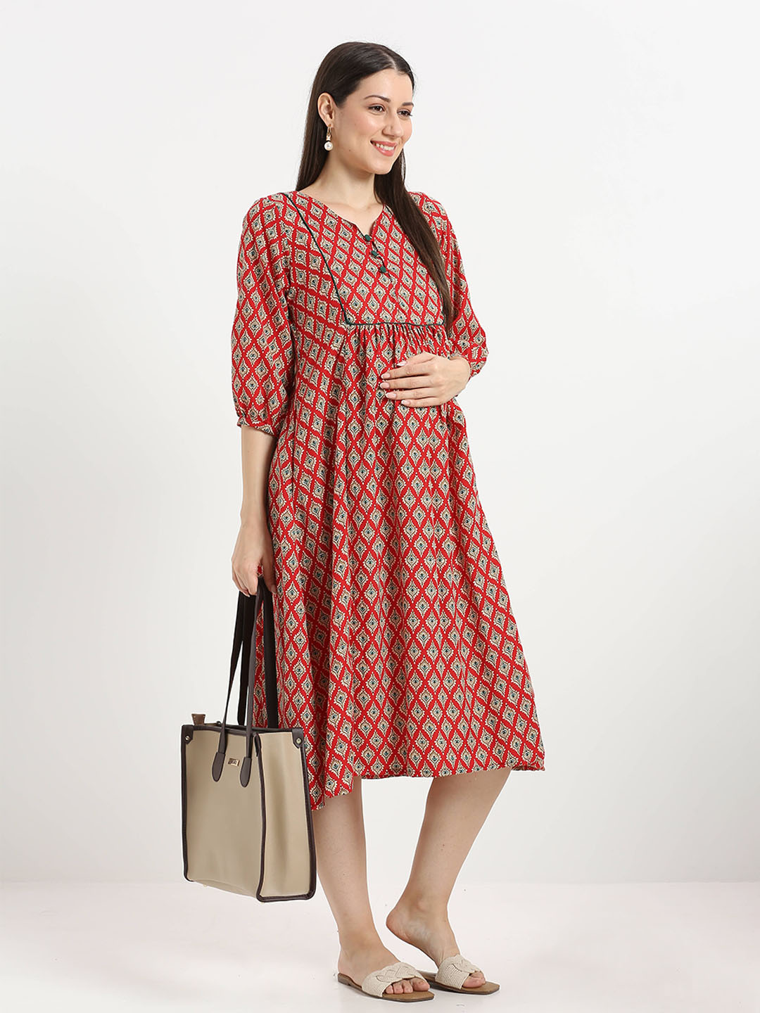 Red Cotton Printed Maternity Dress - Red - Image 3